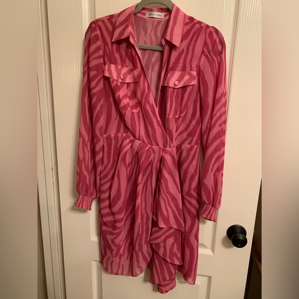 TOCCIN X RTR Pink Zebra Print Ruffle Sheer Dress